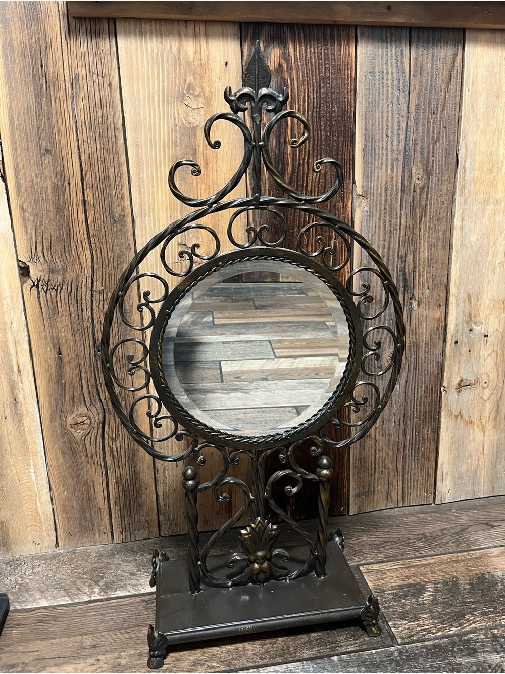 Ornate Round Iron Table Mirror in Dark Bronze